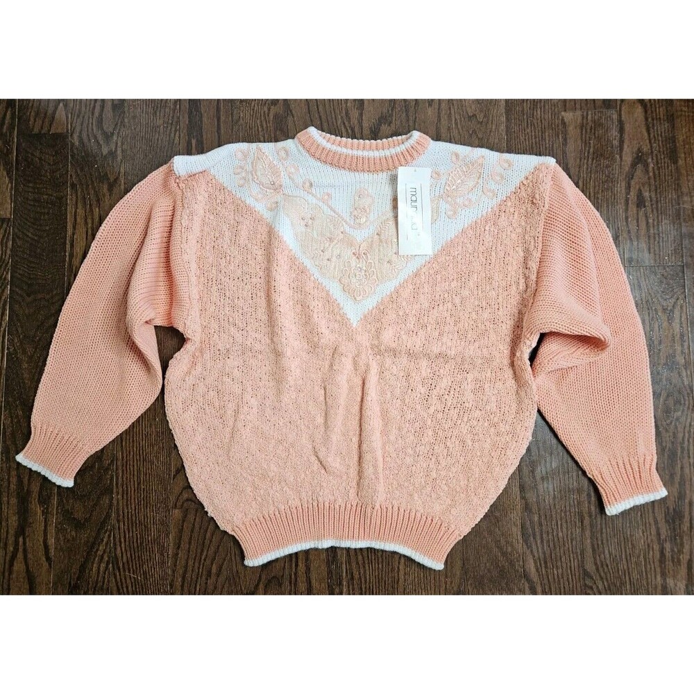 NWT VTG Maurada Sweater Embellished Beads Crew Neck Sz XL Peach NOS